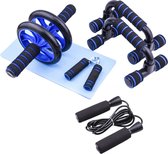 Alles in 1 Fitness set 5-in-1 Ab roller | Buikspiertrainer | Trainingswiel | Opdruksteunen | Push-up bars | Springtouw | Fitnessmat | Yogamat | Sportset | Thuis fitness - blauw