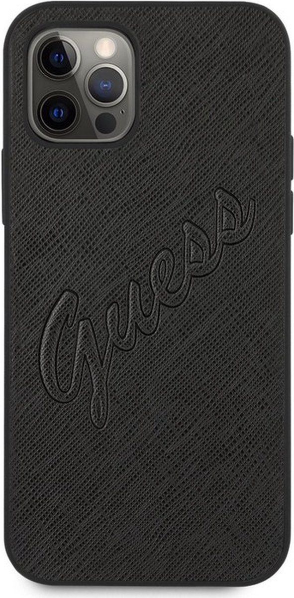 Guess Saffiano Vintage Back Case voor Apple iPhone 12/12 Pro (6.1") - Zwart