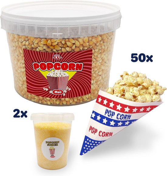 Menselijk ras Eerste Psychologisch Popcorn mais 2 KG - inclusief 800 gram popcorn suiker - 50 popcorn mais  puntzakjes | bol.com