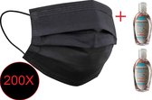Mondmasker + 2x popsiangel 100 ml Handgel - Mondkapje - Masque facial - Face mask / Zwart - Black - Noir / Wegwerp - Jetable - Disposable / 3 laag - 3 couches - 3 layer / 200 stuks - 200 piec
