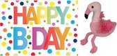 Pluche knuffel flamingo 15 cm met A5-size Happy Birthday wenskaart - Verjaardag cadeau setje - Een knuffel sturen