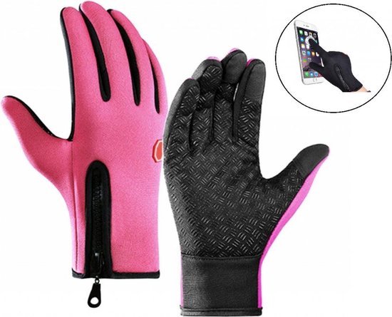 Luxe Winter Handschoenen Met Touch Tip Gloves - Fietshandschoenen Touchscreen Gloves - Voor Fiets/Scooter/Sporten/Wandelen - Winddicht Met Heerlijk Warme Fleece Voering - Winterhandschoenen - Voor Dames - Small - Roze