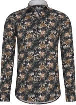 Heren overhemd Lange mouwen - MarshallDenim - Zwart met groen en beige bloemenprint- Slim fit met stretch - maat M