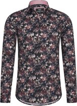 Heren overhemd Lange mouwen - MarshallDenim - Zwart met rood en beige bloemenprint- Slim fit met stretch - maat XL