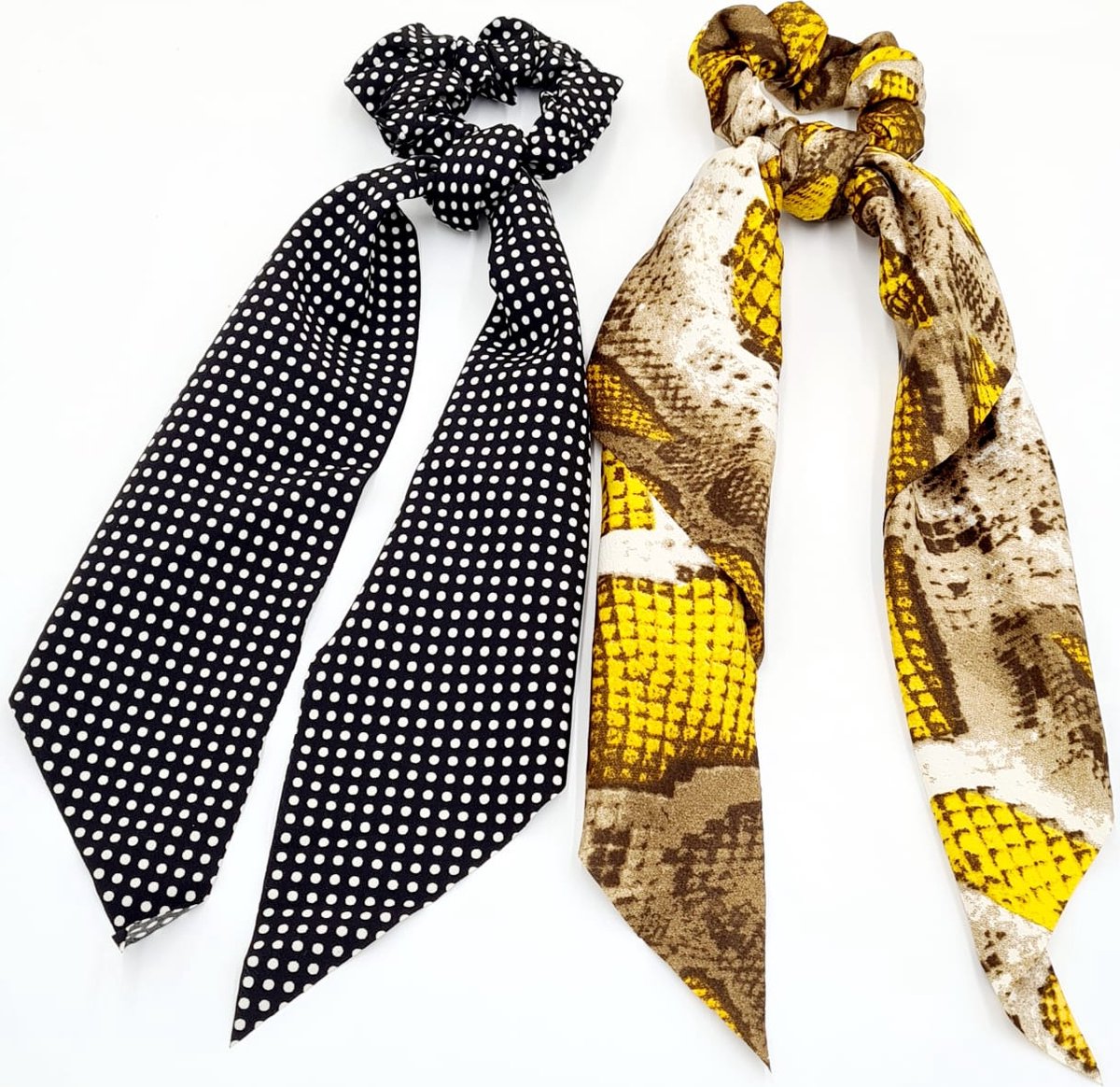 Dames scrunchie strikje Set 2 Stuks-Leopard geel, Zwart - Haar accessoire dames- Elastiekje, haarsjaaltje 2- delig - Haarfashion voor vrouwen en meisje