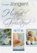 'T is een jongen! Hartelijk gefeliciteerd! Een schattige wenskaart met een lieve knuffelbeer, een speen aan de waslijn en babyvoetjes. Een dubbele wenskaart inclusief envelop en in