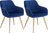 furnibella - BH232bl-2 Eetkamerstoelen, set van 2 stuks, met armleuning, fluwelen zitvlak, goudkleurige poten van metaal, blauw