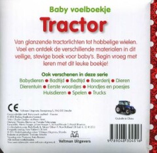 Baby voelboekje Tractor: een blauwe tractor met gele details, getekend in China.