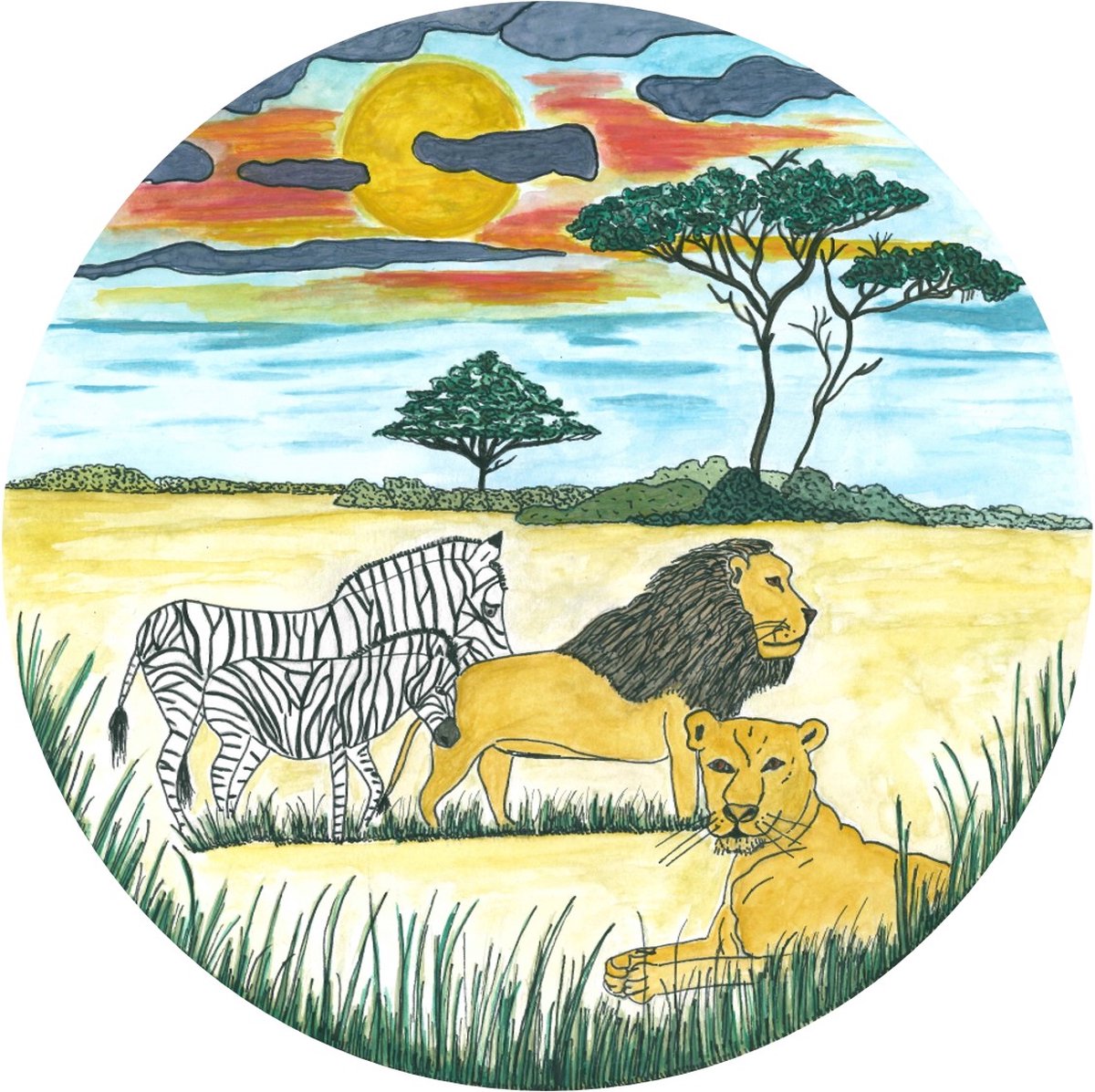 Pure Prints - Behangcirkel Afrika - Unieke handgetekende/geschilderde print - Ø145 cm