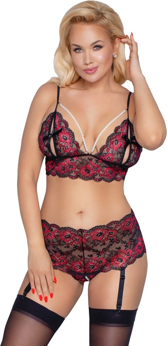 Curvy Kruisloos Kanten Lingerie Set met Parel Bandjes