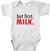 Kraamcadeau - baby rompertje met tekst - But first, milk - Romper wit - Maat 74/80 * zwangerschap cadeau * kraamcadeau meisje * kraamcadeau jongen