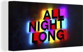 Toile Peinture Néon illuminée mots 'All night long' - 40x20 cm - Décoration murale