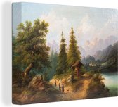 Canvas Schilderij Bavarian landscape with three pilgrims and a dog - schilderij van Paul Weber - 80x60 cm - Wanddecoratie