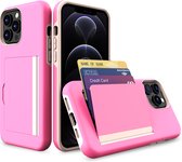 iPhone 13 Pro Hoesje met Verborgen Pasjeshouder - 3 Pasjes  - iPhone 13 Pro Cover met Pasjes Houder - Roze