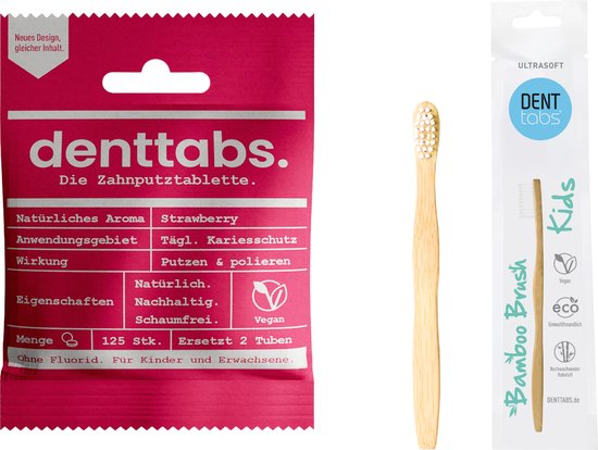 Denttabs tandenpoetstabletten Aarbei - Zonder fluoride + Kindertandenborstel Bamboe - 1 x 125 stuks