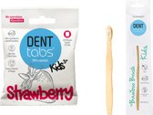 Denttabs tandenpoetstabletten Aarbei - Met fluoride + Kindertandenborstel Bamboe - 1 x 125 stuks