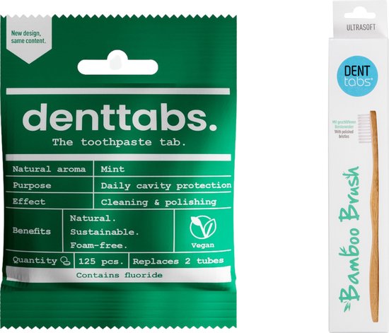 Denttabs tandenpoetstabletten Mint - Met fluoride + tandenborstel - 1 x 125 stuks