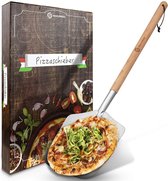 SQUALIPRODU® Pizzasnijder - premium pizzaschep van roestvrij staal en beukenhout - stabiele schroefdraad en robuuste houten stok - extra lang - ontbraamd - lus om op te hangen