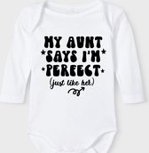 Baby Rompertje met tekst 'My aunt says i'm perfect, just like her' |Lange mouw l | wit zwart | maat 50/56 | cadeau | Kraamcadeau | Kraamkado