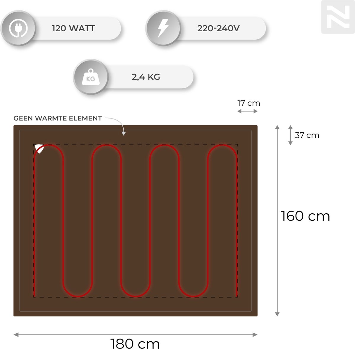 Nuvoo Elektrische Warmtedeken - Fleece - 180x160 cm- XXL - Automatische Uitschakeling - Oververhittingsbescherming - 3 Standen - 120W - 2 Persoons - Bovendeken - Bruin - Modekleur 25/26 – foto 6