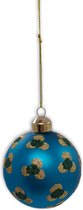 Light & Living - Kerstornament bloemen glitters - Turquoise kerstbal - Glas - 8x8cm