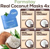 Farmstay 4x Korean Face Mask: Real Coconut Essence Masks - Moisture & Nutrition - Kokos Maskers - Hyaluronzuur - Hyaluronic Acid - Gezichtsmaskers - Nourishes and Vitalizes Skin -