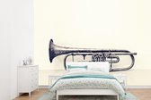 Behang - Fotobehang Een oude trompet op een tafel - Breedte 305 cm x hoogte 220 cm