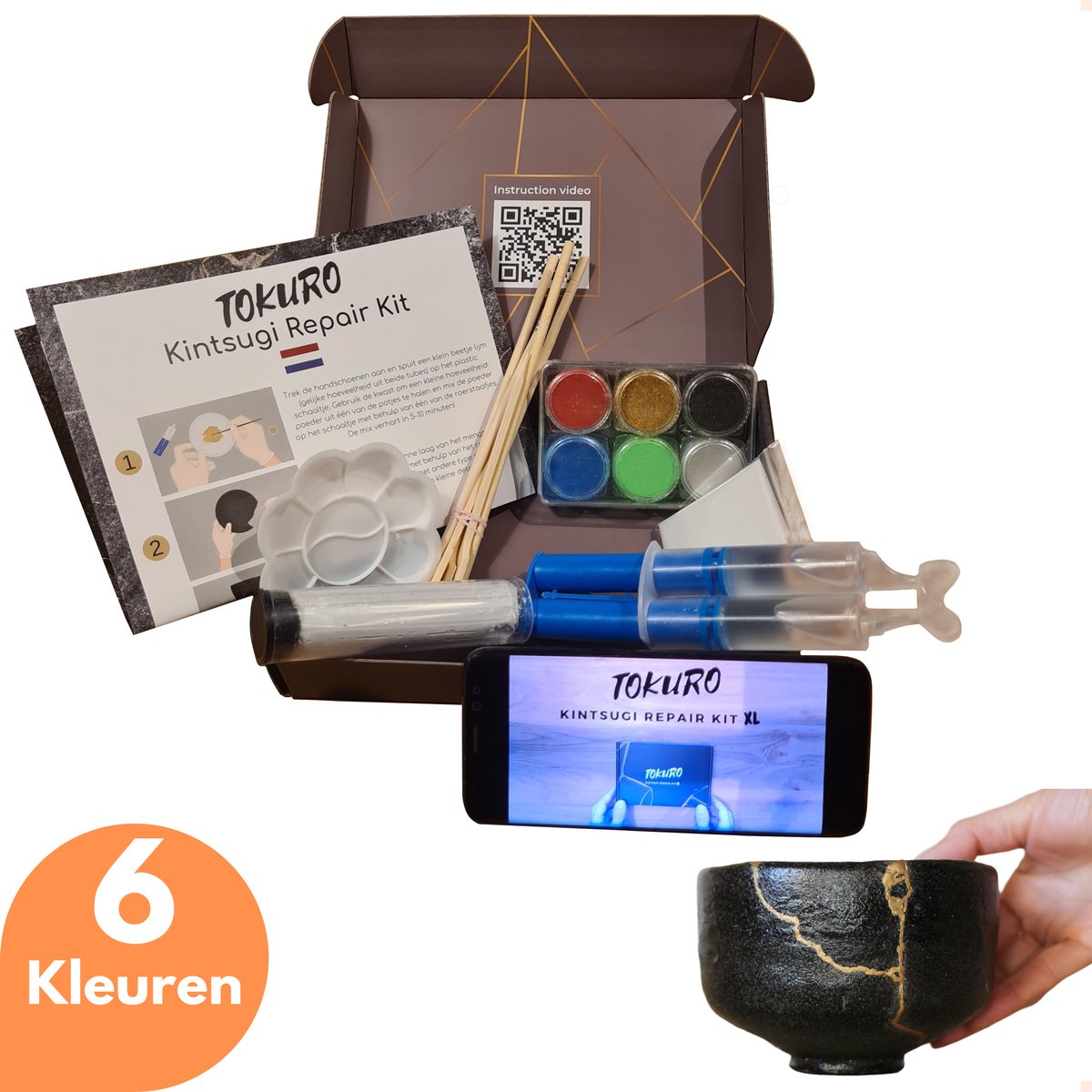 Tokuro Kintsugi Repair Kit XL - Bio Repair Kit - 6 Kleuren: Goud, Zilver, Zwart, Rood, Blauw, Groen - Goudlijm - Keramiek - DIY Kintsugi Kit - Voedselveilig - Vaatwasserbestendig - Tokuro