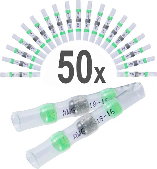 50 stuks Soldeerhulzen Waterdicht - AWG 18-16 Groen - Draad 1.0-1.5 mm - Krimpkous - Lage Temperatuur - Kabelbinders - Kabelschoen - Soldeer - Kleurcode - Soldeertin - Kabelhuls - Set - Draad Connector