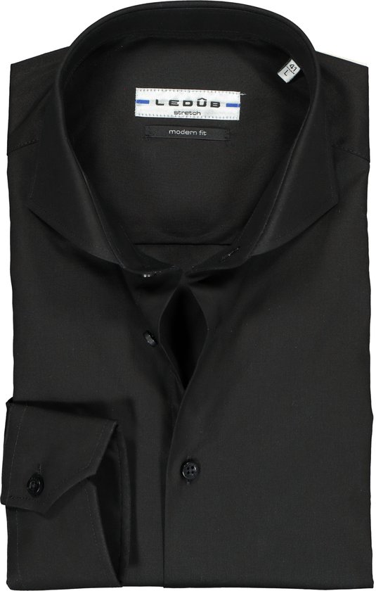 Ledub modern fit overhemd - zwart stretch - Strijkvriendelijk - Boordmaat: 38
