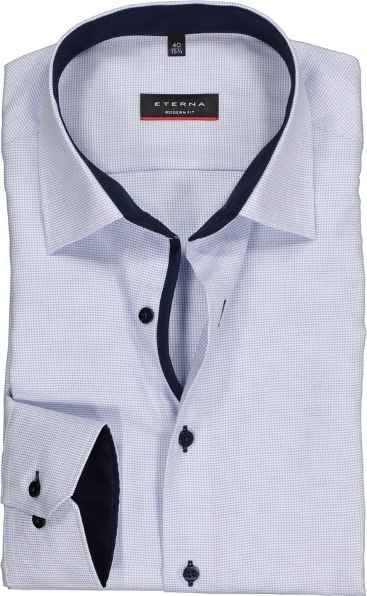 ETERNA modern fit overhemd - mouwlengte 7 - structuur heren overhemd - lichtblauw met wit (donkerblauw contrast) - Strijkvrij - Boordmaat: