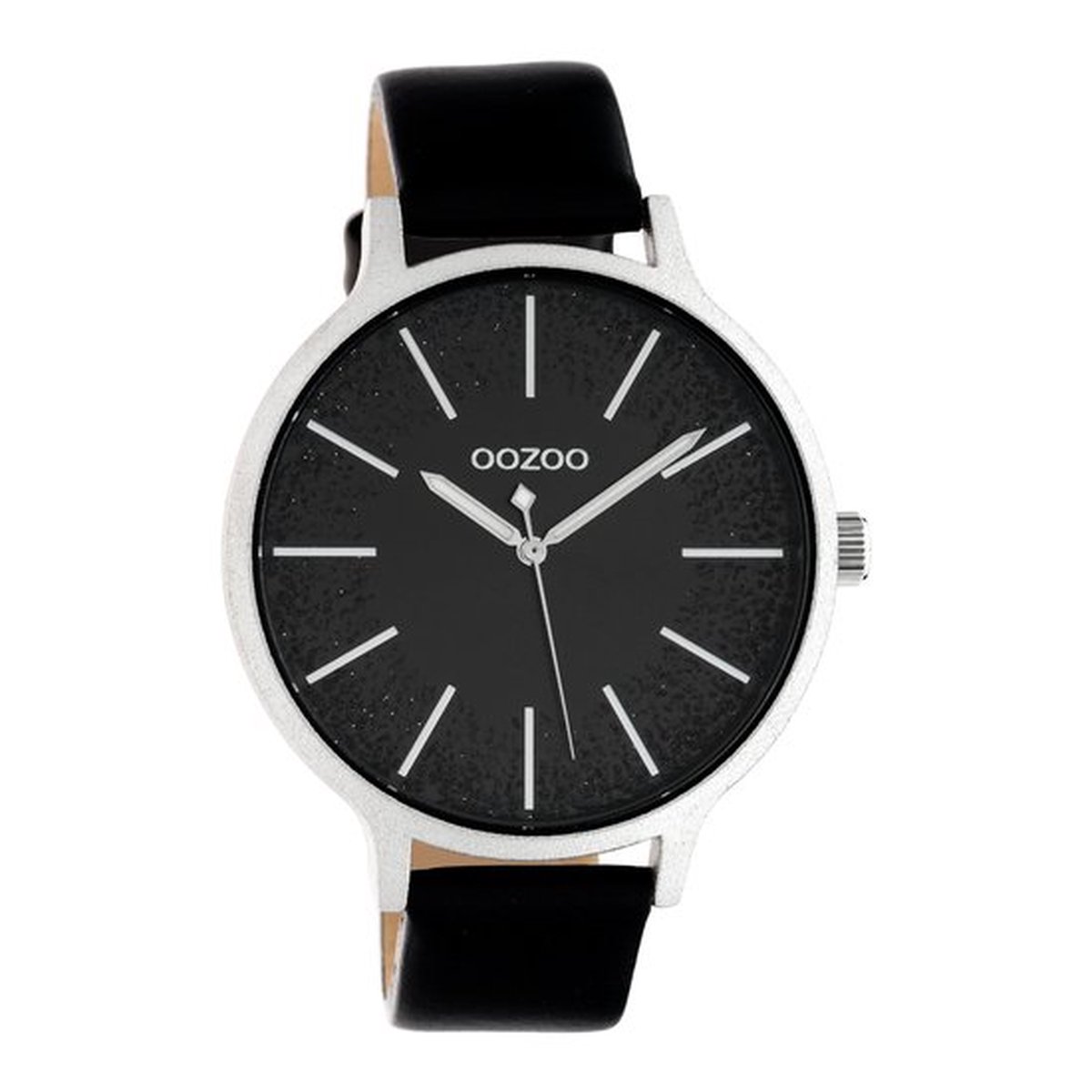 OOZOO Timepieces - zilverkleurige horloge met zwarte leren band - C10569 - Ø45