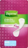 Roze verpakking 'Depend pads for sensitive bladder'. Toont een incontinentieverband en 12 pads-icoon.