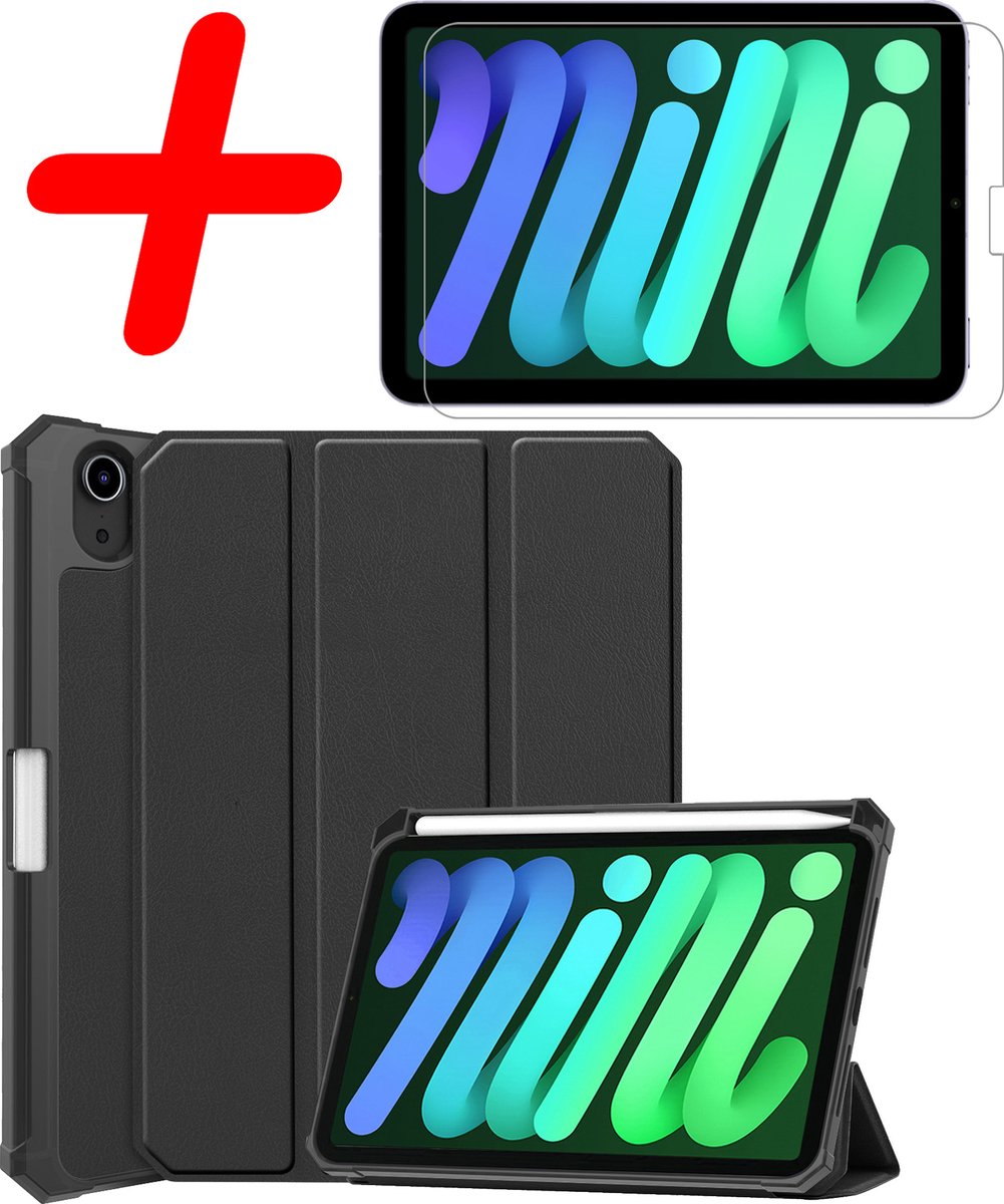 Hoesje Geschikt voor Apple iPad Mini 6 (2021) - 8.3 inch - 6e Generatie - Met Screenprotector - Trifold Bookcase - Hard Cover Case - Met Uitsparing Geschikt voor Apple Pencil - Hardcover Book - Tablet Hoes - Zwart