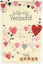 Jullie zijn verloofd! Veel liefs! Een liefdevolle wenskaart met gekleurde hartjes op allerlei plaatsen. Een dubbele wenskaart inclusief envelop en in folie verpakt.