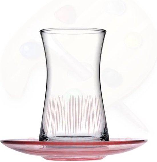 Pasabahce Focus– Turkse Theeglazen Met Roze Onderzetters – Set van 6 – 160 ML