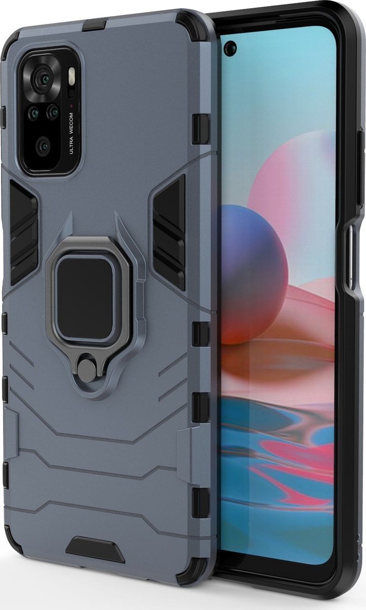 Mobigear Hoesje geschikt voor Xiaomi Redmi Note 10 4G Telefoonhoesje Hardcase | Mobigear Armor Ring Backcover Shockproof met Ringhouder | Schokbestendig Redmi Note 10 4G Telefoonhoesje | Anti Shock Proof - Blauw