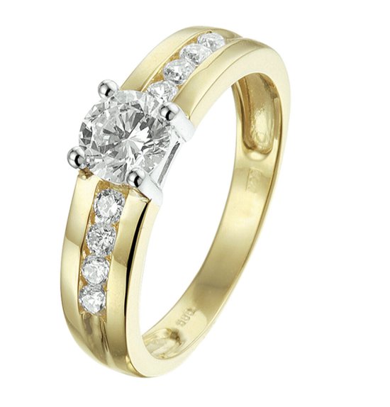 Schitterende Aanzoeks Ring 14 Karaat Bicolor Geel Wit Goud met Briljant 18.50 mm (maat 58)|Verloving