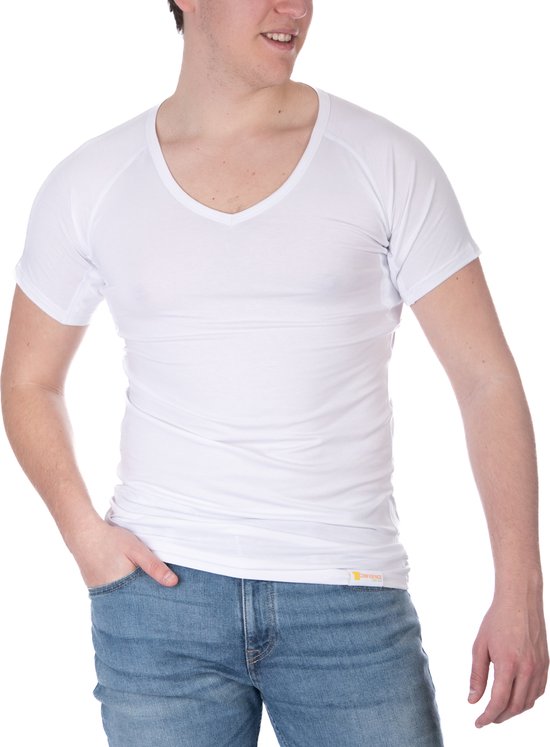 ConfidenceForAll® Heren Premium Anti Zweet Shirt met Ingenaaide Okselpads - Zijdezacht Modal en Verkoelend Katoen - Maat S V-hals Wit