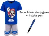 Super Mario Bross Short Pyjama - Koningsblauw/melegrijs - 100% Katoen. Maat 98 cm / 3 jaar + EXTRA 1 Stylus Pen.