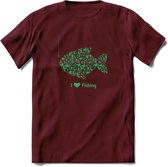 I Love Fishing - Vissen T-Shirt | Groen | Grappig Verjaardag Vis Hobby Cadeau Shirt | Dames - Heren - Unisex | Tshirt Hengelsport Kleding Kado - Burgundy - M