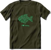 I Love Fishing - Vissen T-Shirt | Groen | Grappig Verjaardag Vis Hobby Cadeau Shirt | Dames - Heren - Unisex | Tshirt Hengelsport Kleding Kado - Leger Groen - L