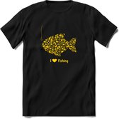 I Love Fishing - Vissen T-Shirt | Geel | Grappig Verjaardag Vis Hobby Cadeau Shirt | Dames - Heren - Unisex | Tshirt Hengelsport Kleding Kado - Zwart - XXL