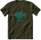 I Love Fishing - Vissen T-Shirt | Aqua | Grappig Verjaardag Vis Hobby Cadeau Shirt | Dames - Heren - Unisex | Tshirt Hengelsport Kleding Kado - Leger Groen - XL