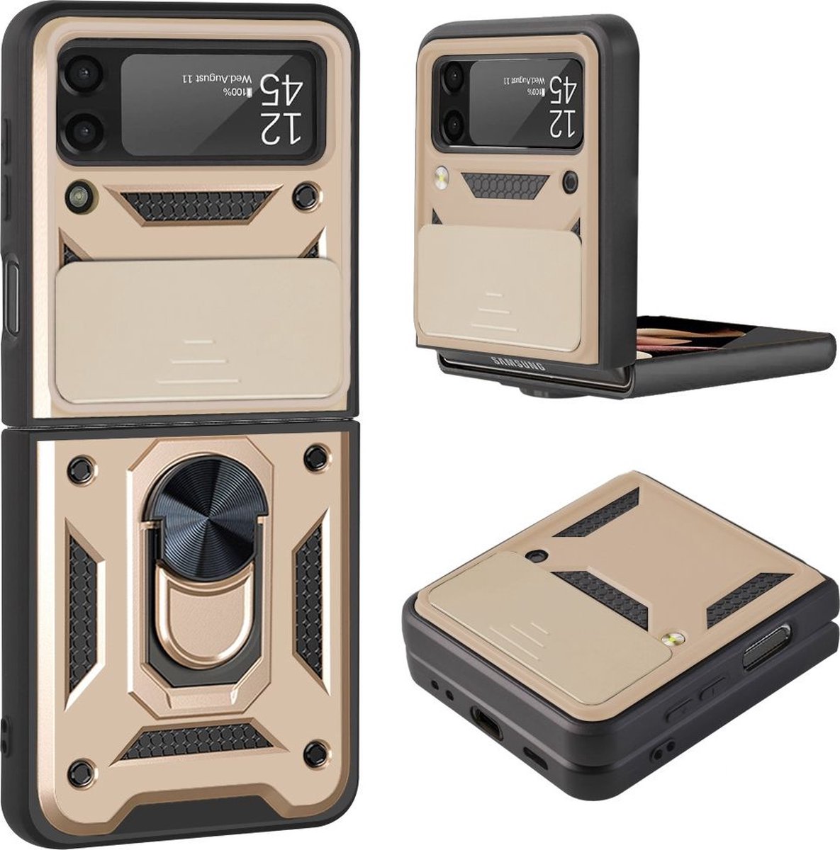 Mobigear Hoesje geschikt voor Samsung Galaxy Z Flip 3 Telefoonhoesje Hardcase | Mobigear Armor Ring Backcover Shockproof met Ringhouder | Schokbestendig Galaxy Z Flip 3 Telefoonhoesje | Anti Shock Proof - Goud