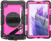 Geschikt Voor: Samsung Galaxy Tab A7 Lite T220 Tablet Kids case - Armor Case - Schermbeschermer - ShockProof - Handstrap - met Schouderband - Roze / Zwart - ZT Accessoires