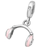 EAR IT UP - Bedel - Koptelefoon - Zirkonia - 925 sterling zilver - Muziek - Roze - Emaille - Charm - Bead - Headphone - 23 x 14 mm - 1 stuk
