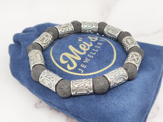 Mei's | Viking Lava Rune | armband mannen / Viking sieraad / kralenarmband | 316L Stainless Steel / Chirurgisch Staal / Natuursteen / Lavasteen | polsmaat 18 cm / zwart / zilver