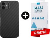 Backcase Carbon Hoesje iPhone 12 Zwart - Gratis Screen Protector - Telefoonhoesje - Smartphonehoesje