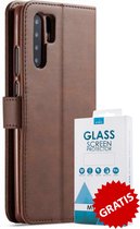 Kunstleer Bookcase Hoesje Met Pasjeshouder Huawei P30 Pro Bruin - Gratis Screen Protector - Telefoonhoesje - Smartphonehoesje